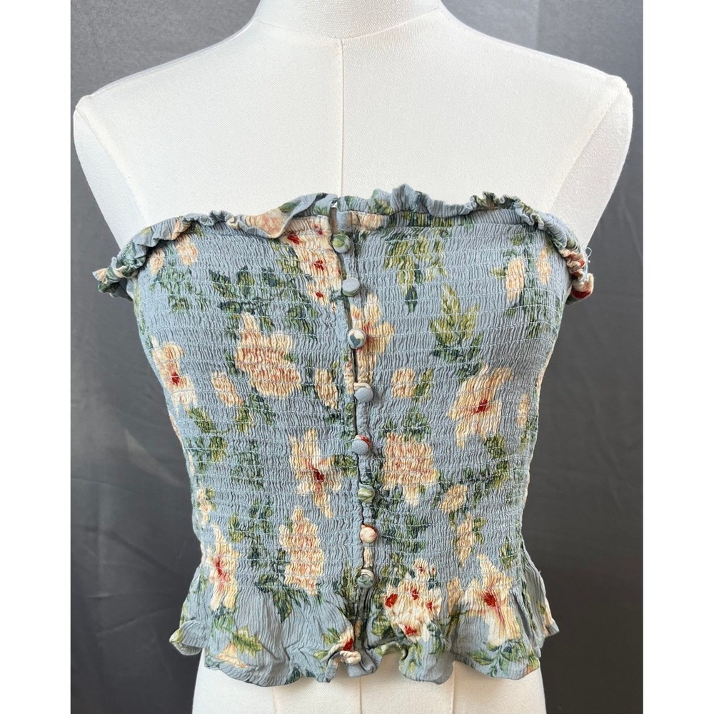 American Eagle Pastel Green Peach Floral Girly Stretchy Ruffle Bandeau Top Sz L